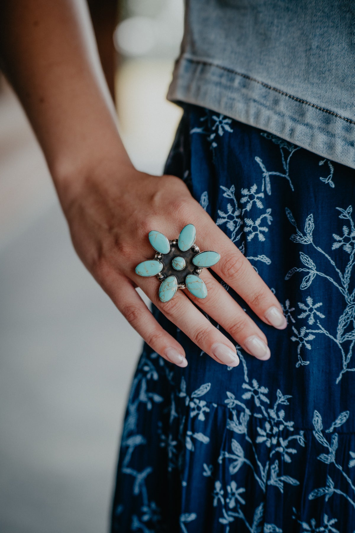 Flower Turquoise Sterling Adjustable Ring