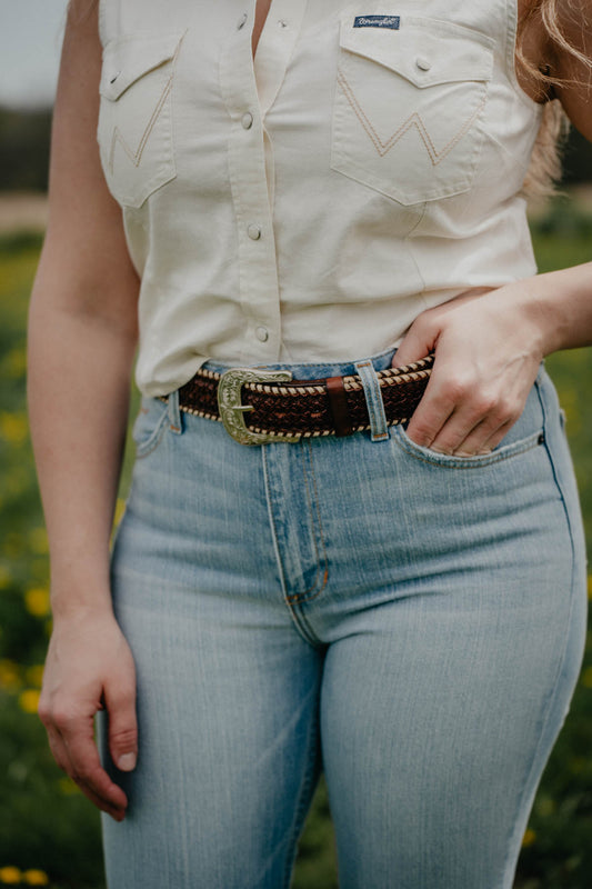 Desert Floral Tooled Leather Belt with Ivory Whipstitch