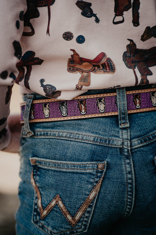 Kids Purple Leather Belt with Embroidered Horses