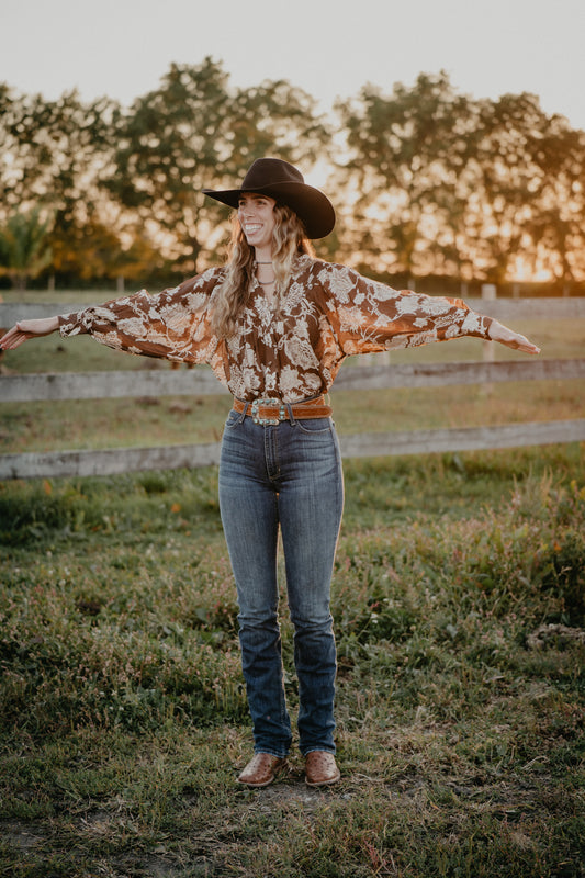 'Oaklynn' Brown Floral Blouse (S-L)