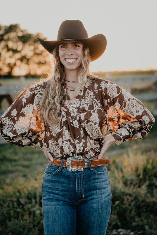 'Oaklynn' Brown Floral Blouse (S-L)