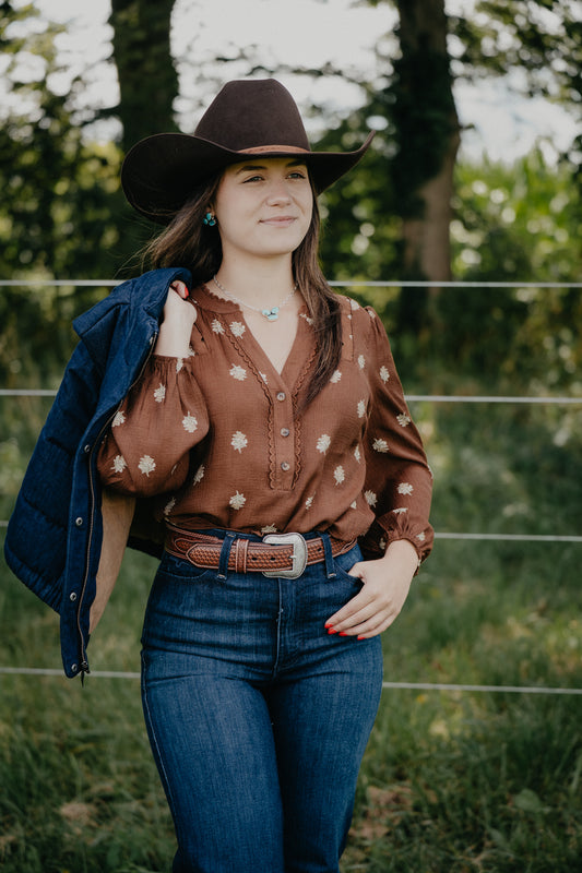'Lieja' Brown V-Neck Floral Blouse (S-L)