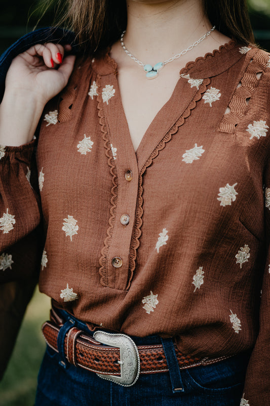 'Lieja' Brown V-Neck Floral Blouse (S-L)