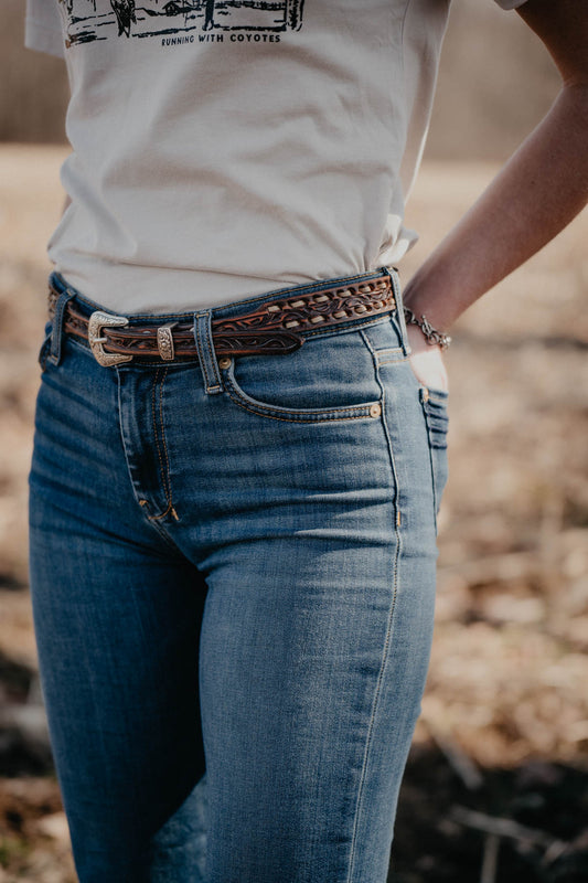 Skinny Vintage Brown Tooled Belt with Cream Buck Stitch by Double J Saddlery (1" tapered to 3/4")