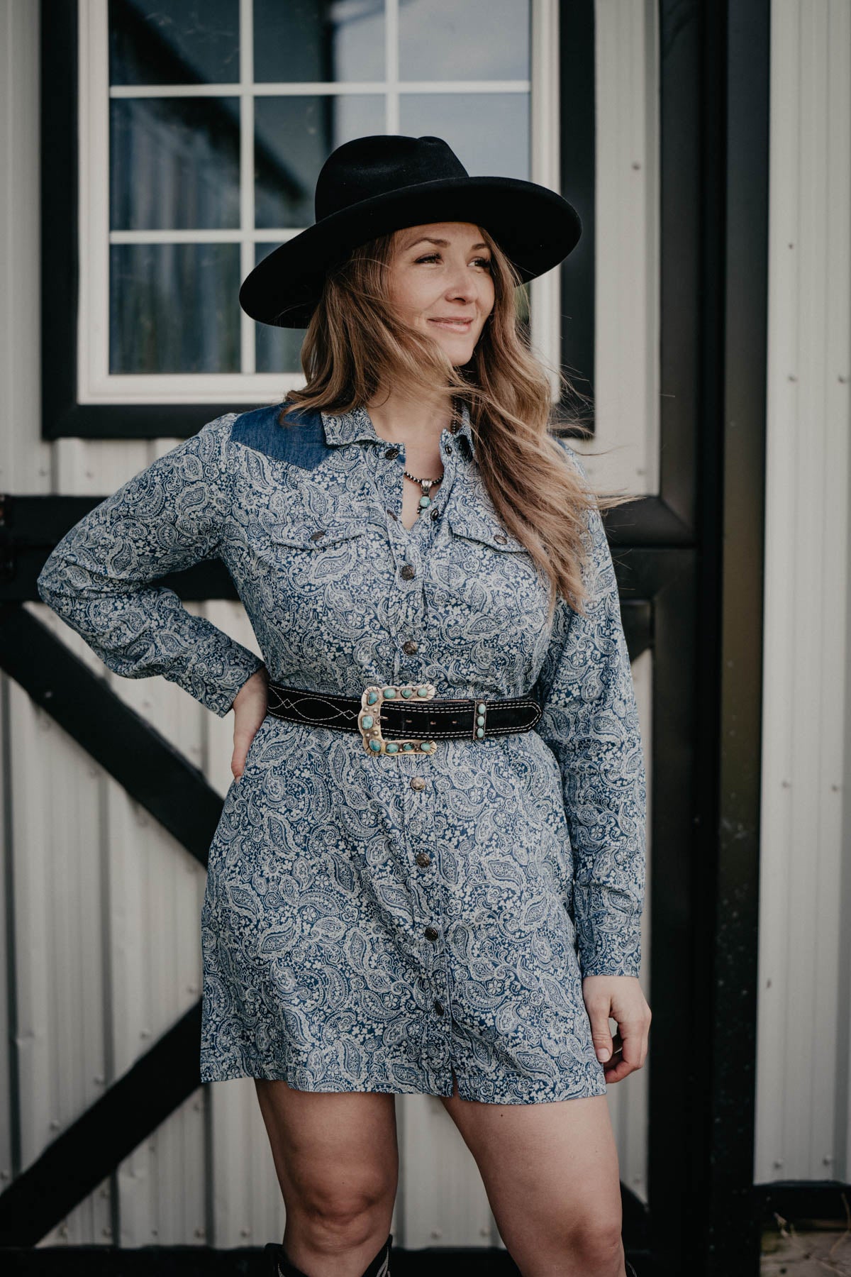 Dodge City Paisley Printed Denim Dress with Western Yoke S XL Only