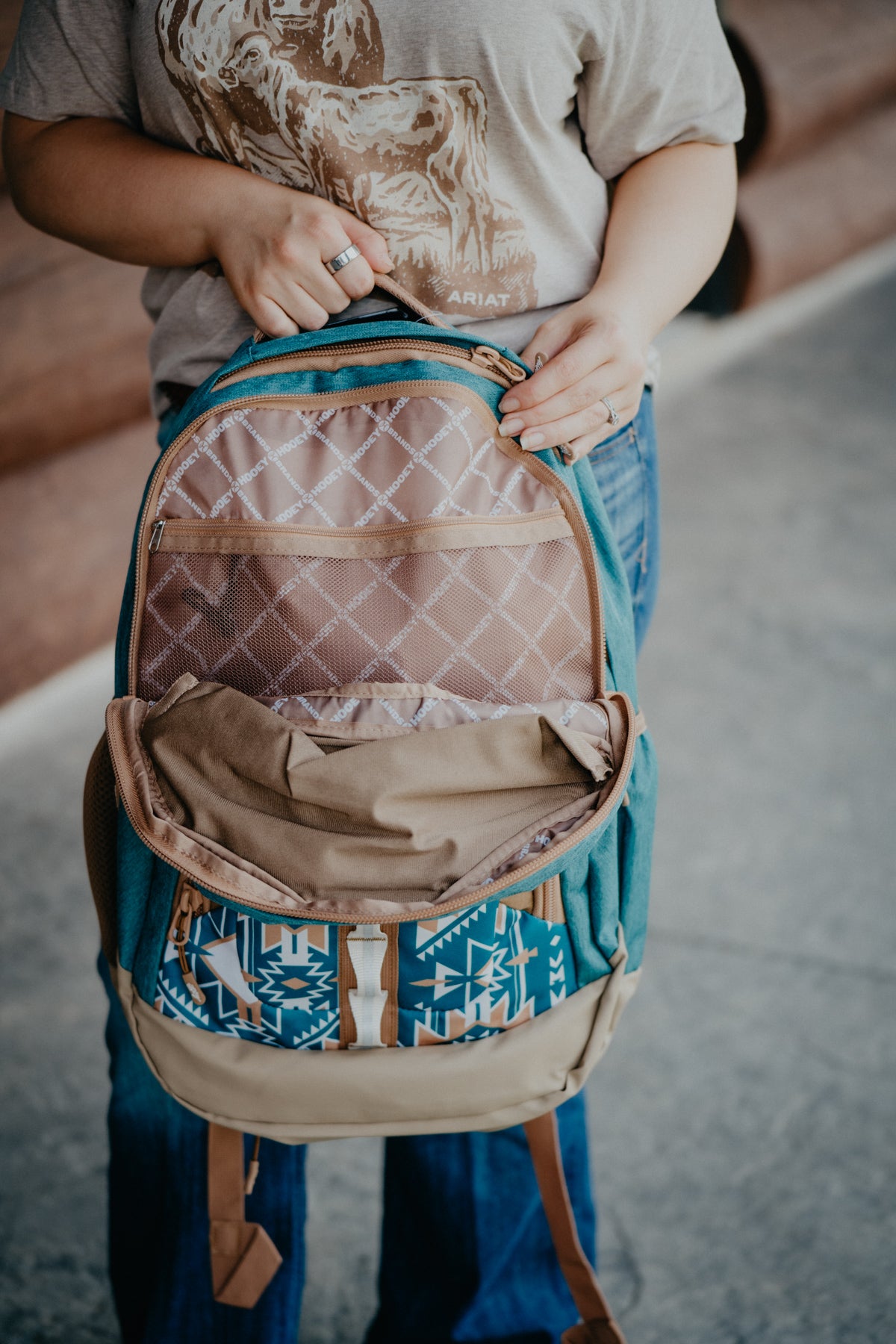 OX Hooey Backpack Teal/ Tan with Aztec Pattern