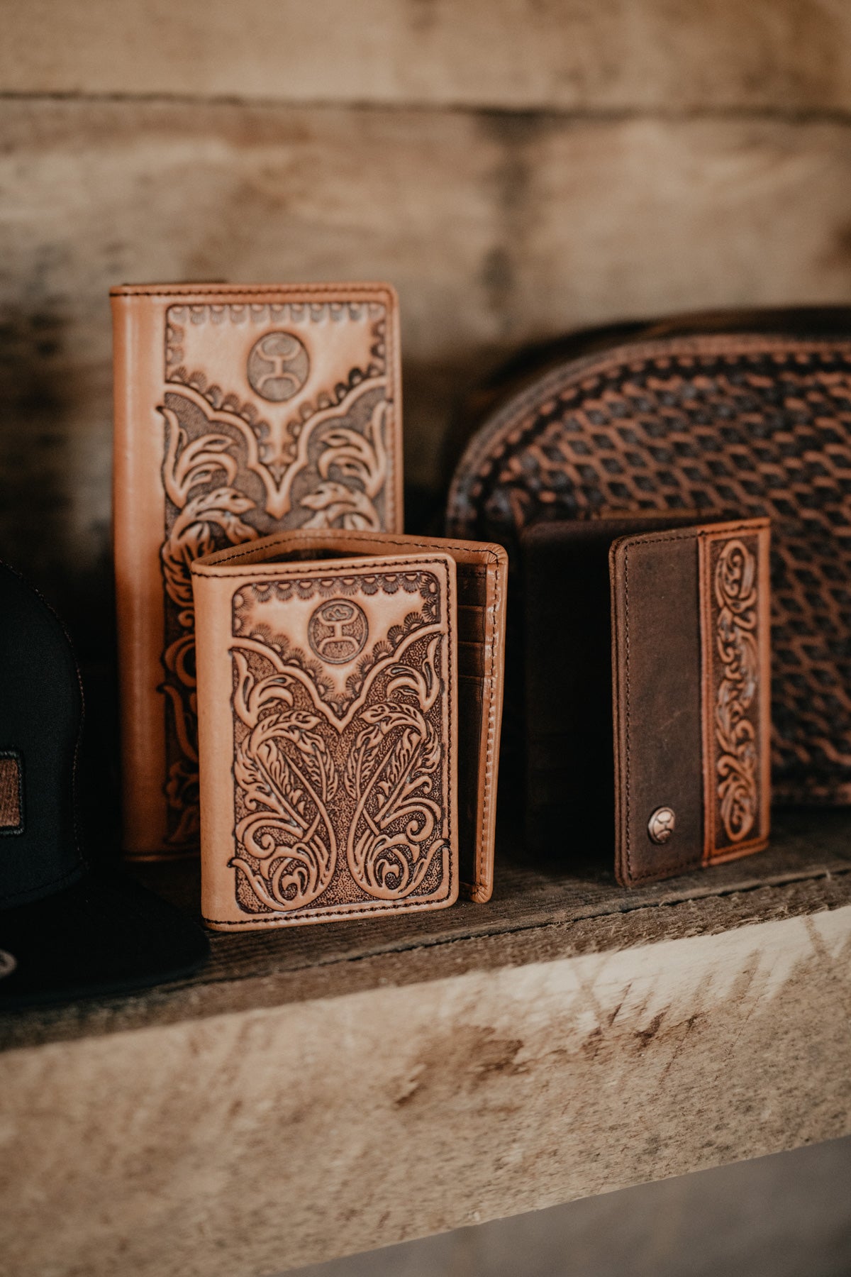 Hooey "Phoenix" Tooled Leather Trifold Wallet with Black Leather Inlay