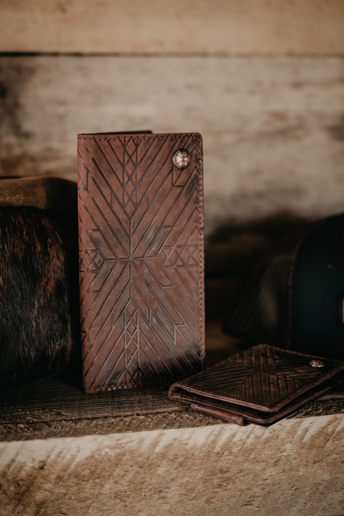 'Austin' Brown Leather Aztec Embossed Rodeo (Long Bifold) Wallet