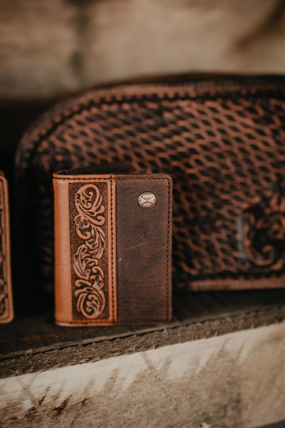 'Grayson' Hooey Distressed Brown Bifold Money Clip Wallet with Tooled Leather Overlay