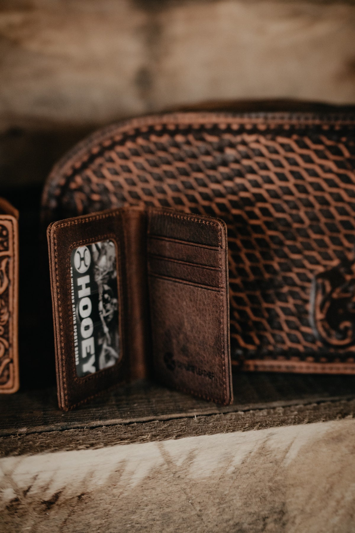 'Grayson' Hooey Distressed Brown Bifold Money Clip Wallet with Tooled Leather Overlay