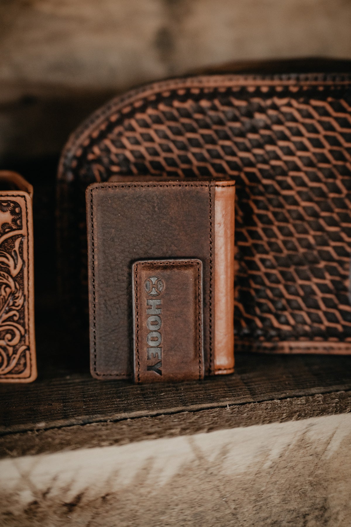 'Grayson' Hooey Distressed Brown Bifold Money Clip Wallet with Tooled Leather Overlay