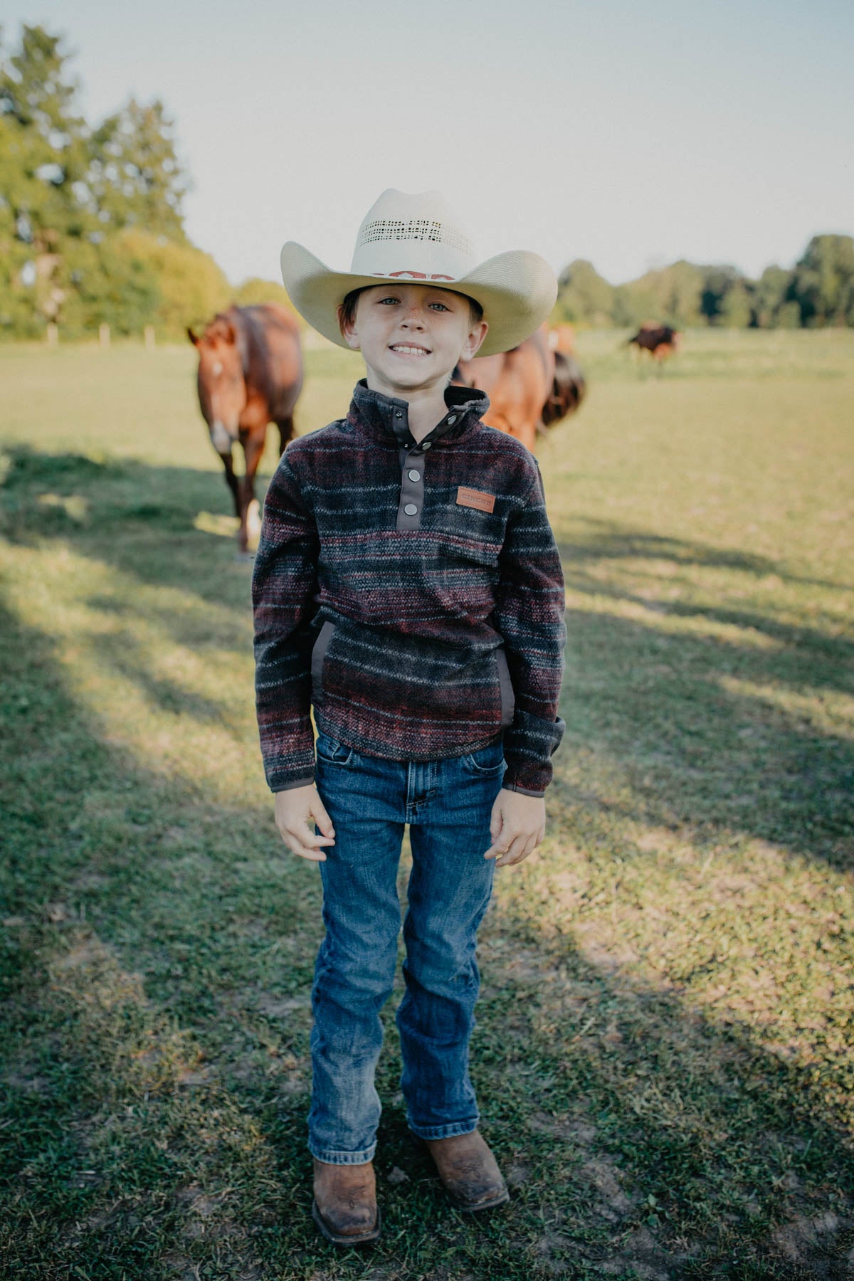 'Jr Buckhorn' Boy's CINCH Brown/Maroon/Black Fleece Pullover (XS - XL)