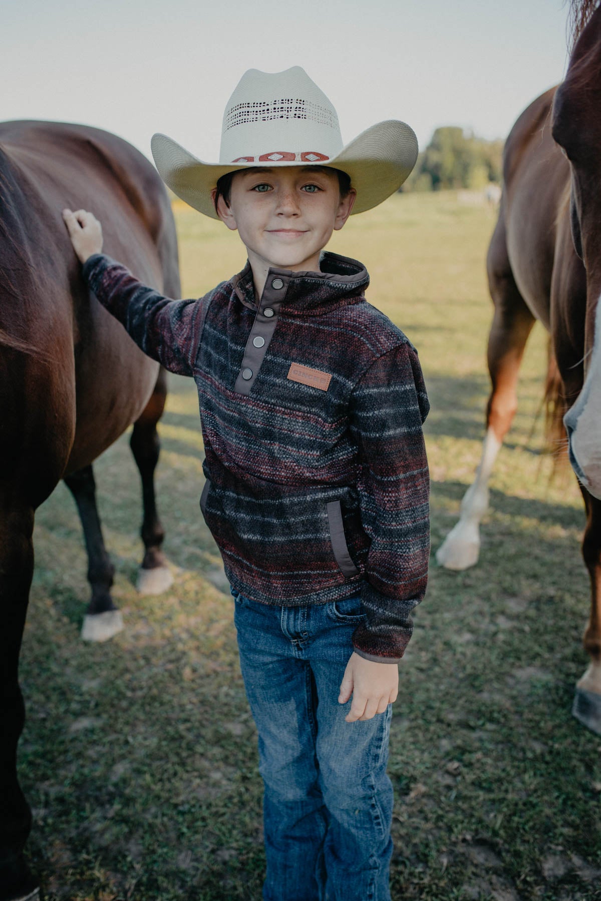 'Jr Buckhorn' Boy's CINCH Brown/Maroon/Black Fleece Pullover (XS - XL)