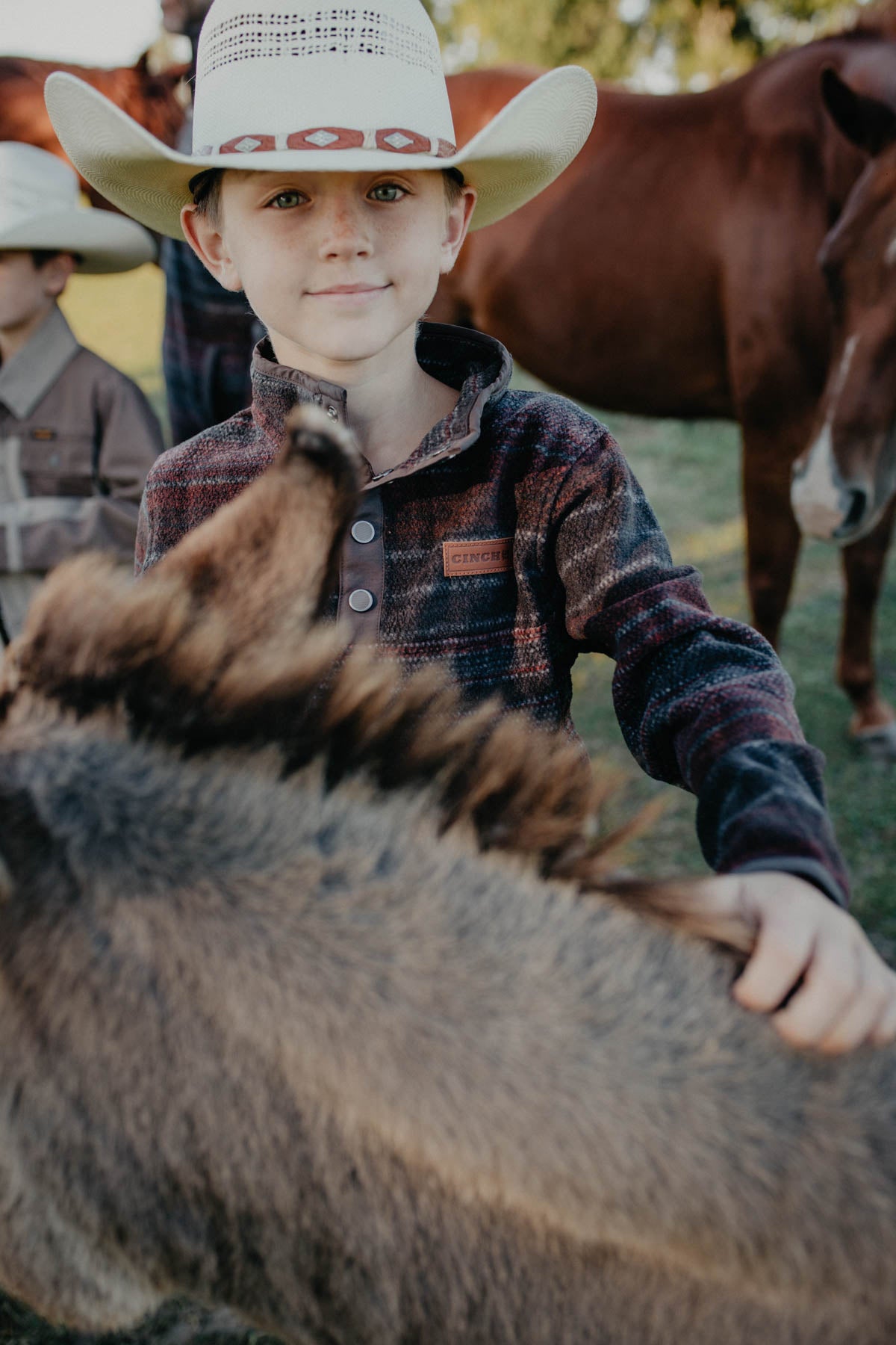 'Jr Buckhorn' Boy's CINCH Brown/Maroon/Black Fleece Pullover (XS - XL)