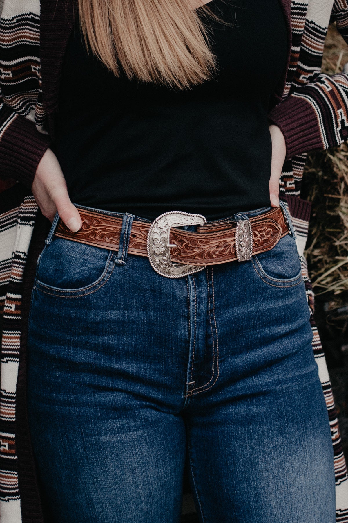 Pecan Vintage Floral Tooled Belt (Sizes 30-44)