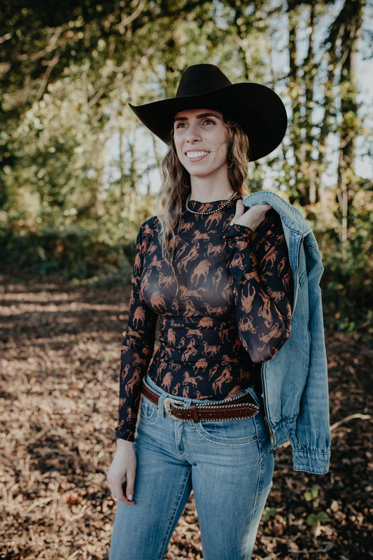'Jenni' Horse Printed Long Sleeve Mesh Top (S-L)