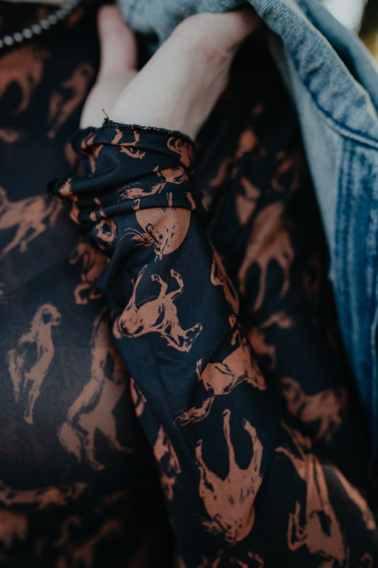 'Jenni' Horse Printed Long Sleeve Mesh Top (S-L)