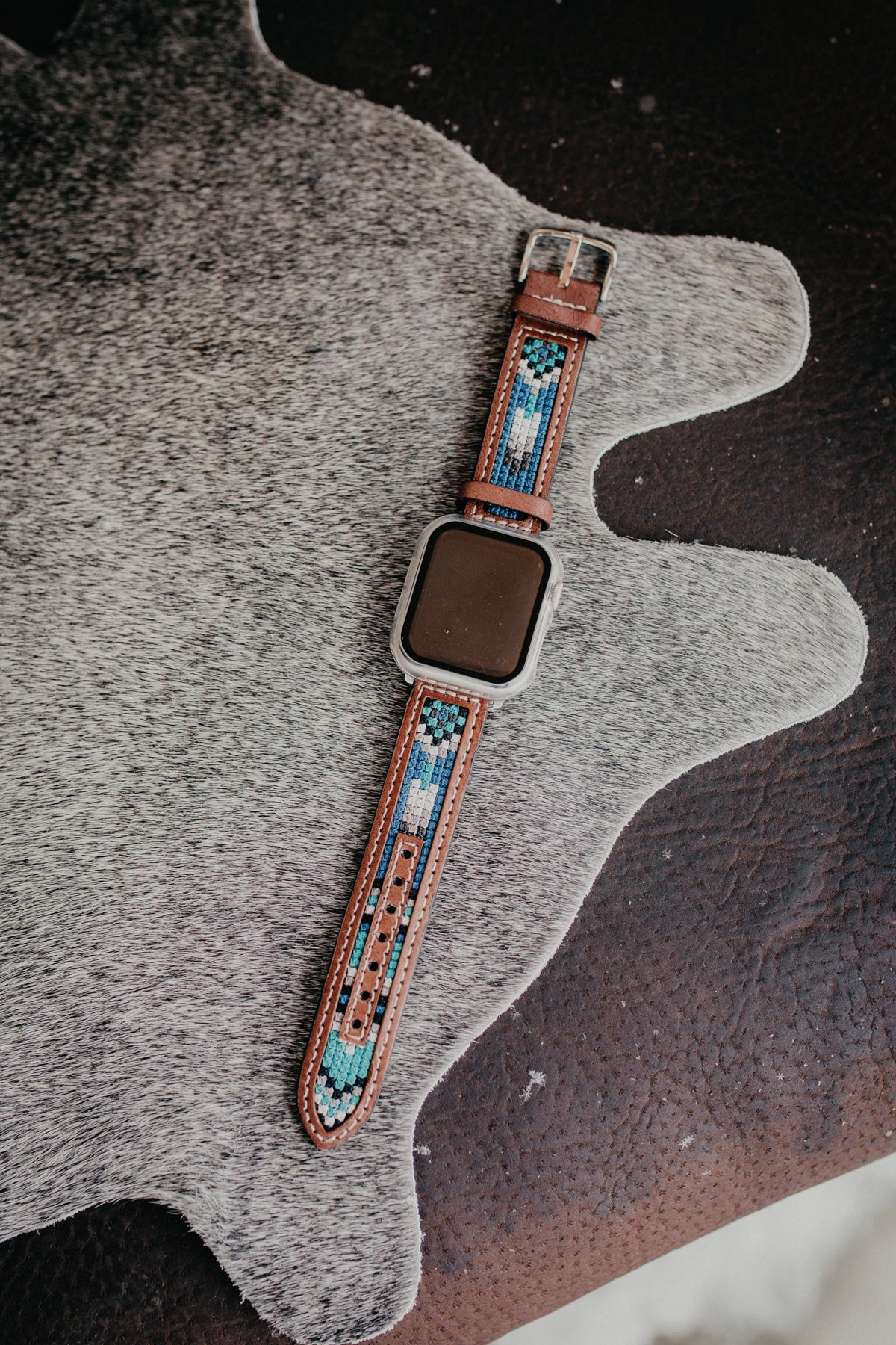 Leather Watch Band with Blue Embroidered Inlay (2 Sizes)