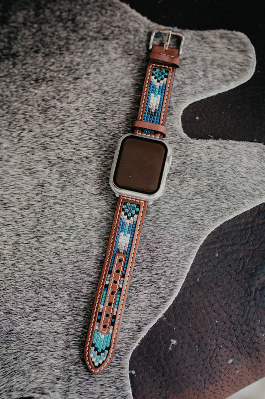 Leather Watch Band with Blue Embroidered Inlay (2 Sizes)