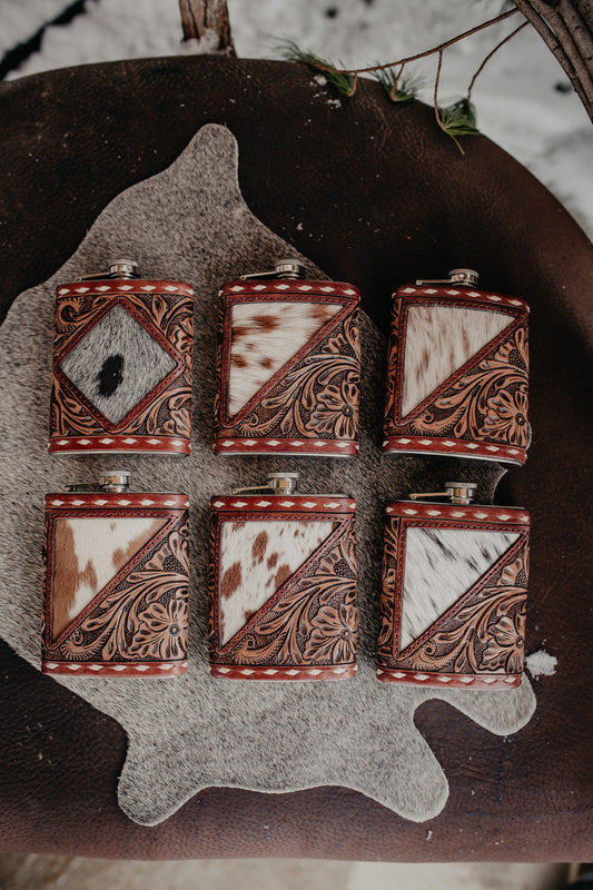 Tooled Leather and Cowhide 8oz Flask