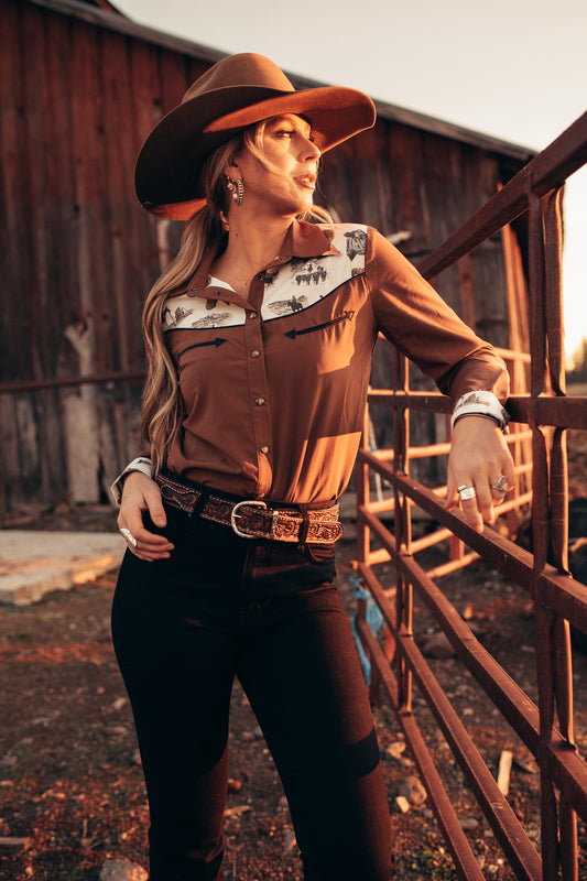 Brown Embroidered Pearl Snap Western Shirt