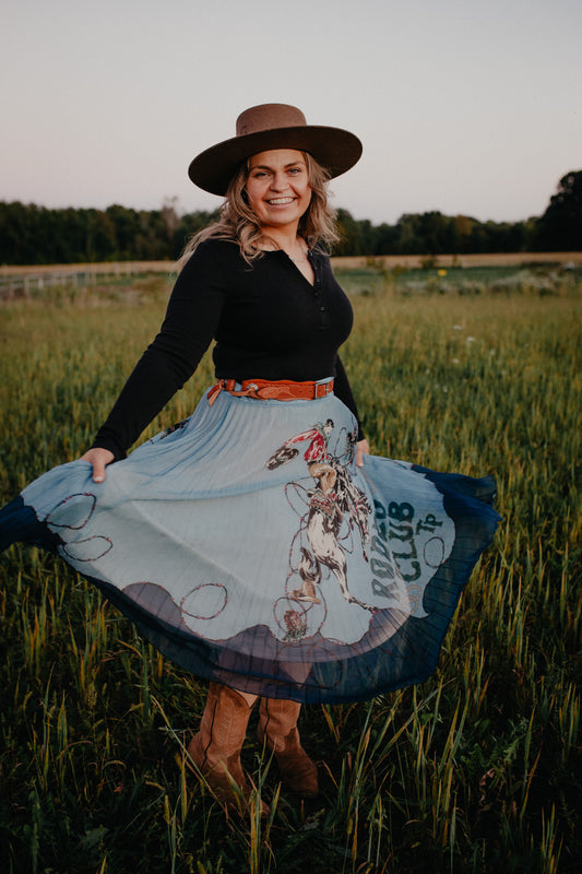 ‘Rodeo Club’ Powder Blue Pleated Midi Skirt by Tasha Polizzi (S - XL)