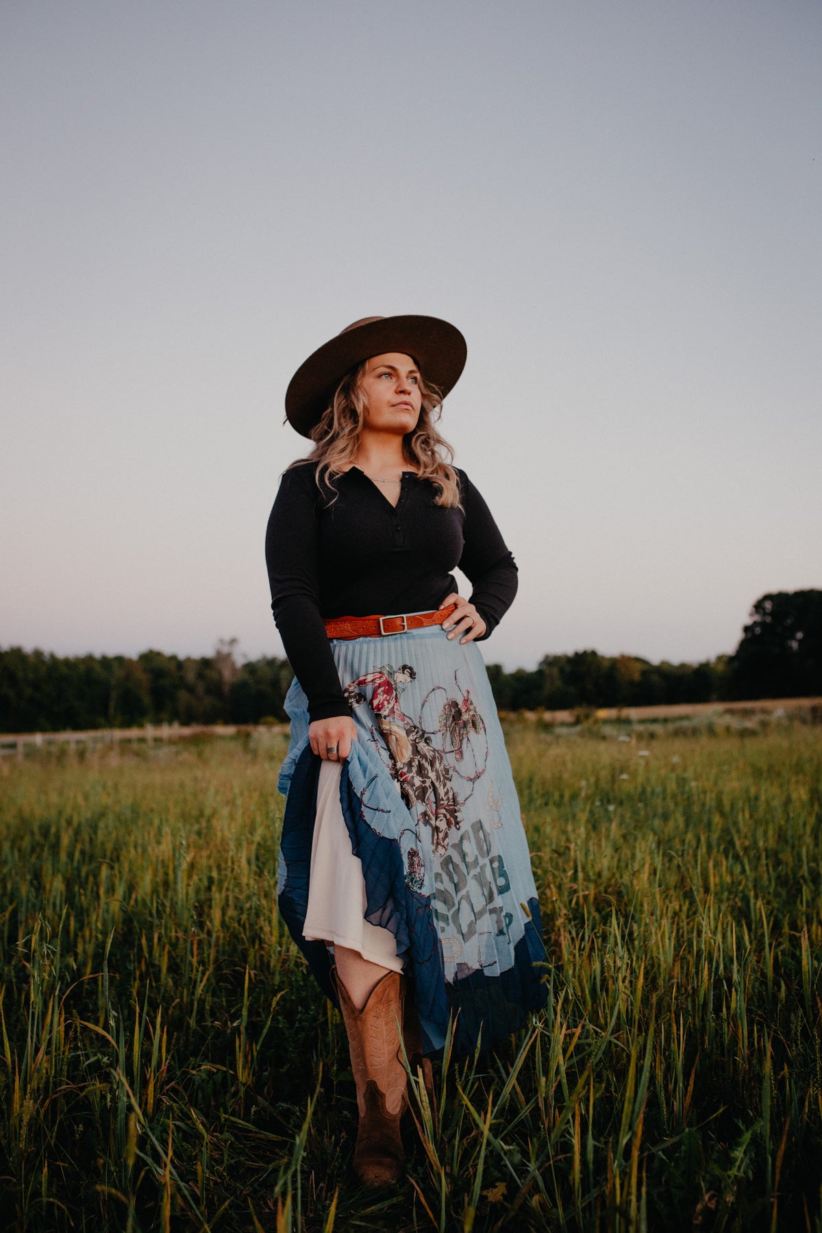 ‘Rodeo Club’ Powder Blue Pleated Midi Skirt by Tasha Polizzi (S - XL)