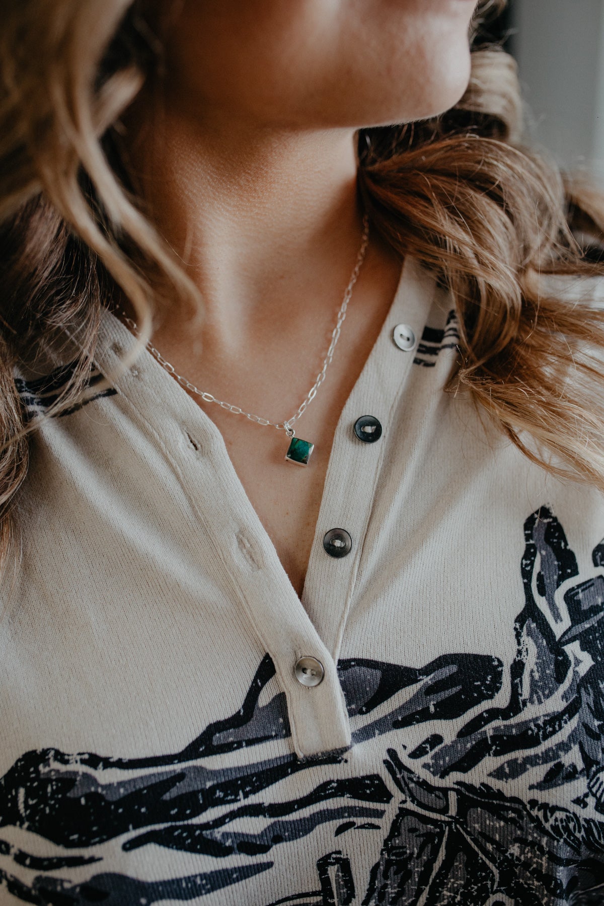 Diamond Turquoise Necklace with Dainty Sterling Chain