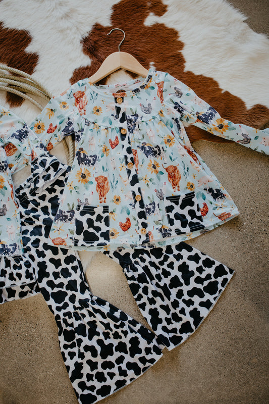 Baby Blue Cow Print Girls Romper/Pant Set (0-6 to 9/10 Years)