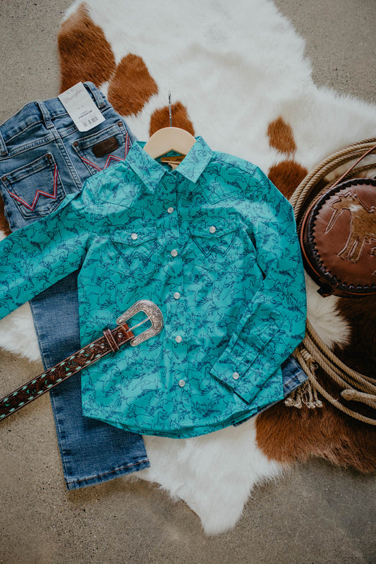 Girl's Wrangler Turquoise Horse Print Pearl Snap (XS-L)