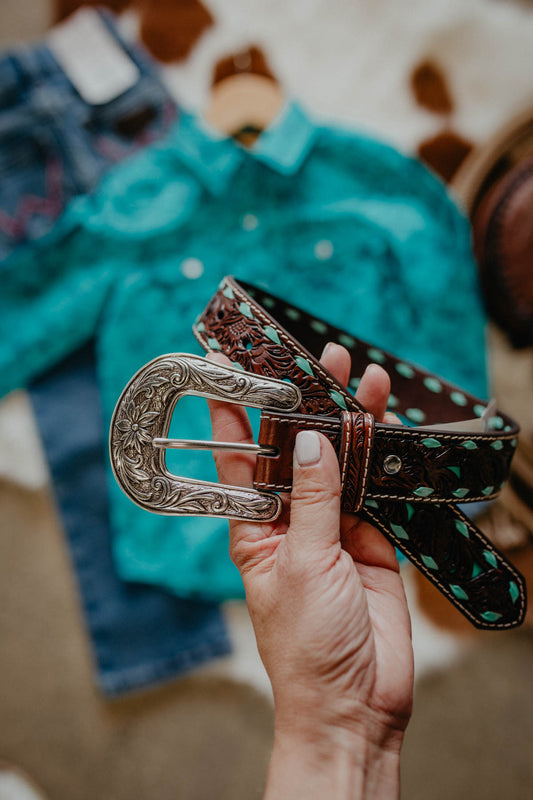 Girl's Ariat Dark Brown Leather Belt with Turquoise Buck Stitch (20-28)