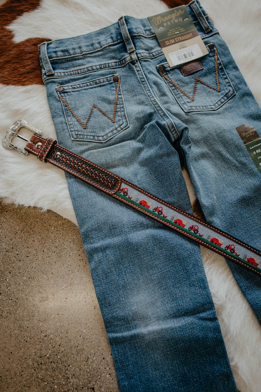 Kids Leather Belt with Embroidered Barns & Tractors