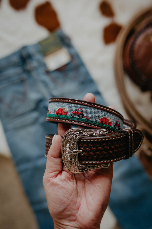 Kids Leather Belt with Embroidered Barns & Tractors