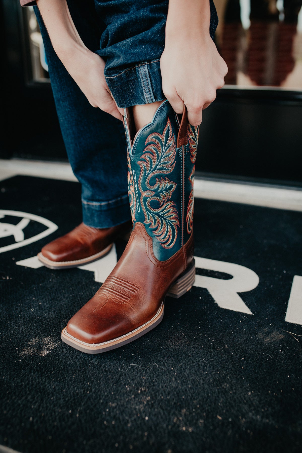 'Gillian' Ariat Square Toe Western Boot in Vintage Caramel/ Endless Sea (Sizes 6-11 B Width)