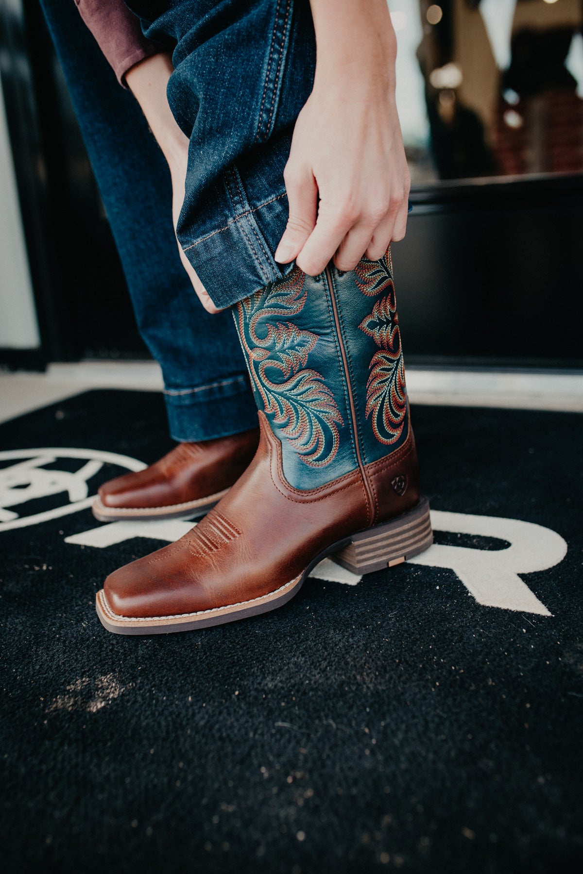 'Gillian' Ariat Square Toe Western Boot in Vintage Caramel/ Endless Sea (Sizes 6-11 B Width)