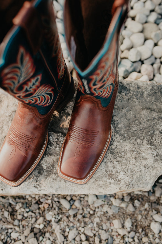 'Gillian' Ariat Square Toe Western Boot in Vintage Caramel/ Endless Sea (Sizes 6-11 B Width)