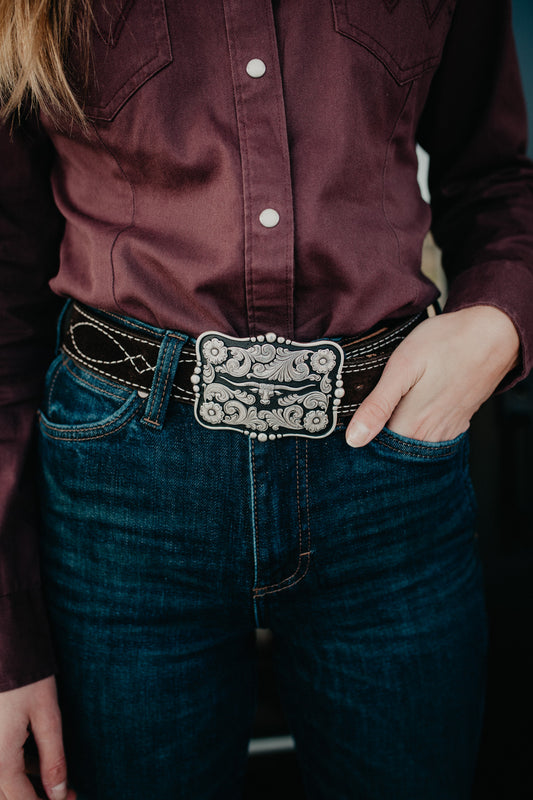 Rectangular Nocona Black and Silver Longhorn Buckle