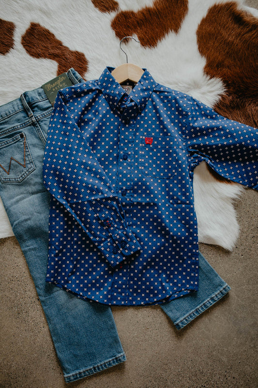 Boy's CINCH Blue Geometric Button Down Shirt  (XS-XL)