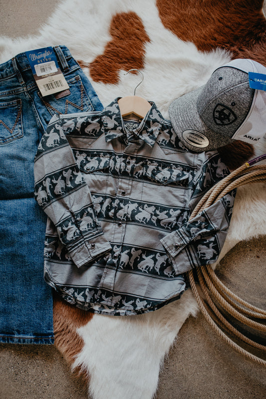 Boys Grey Stripe Rodeo Print Pearl Snap by Roper