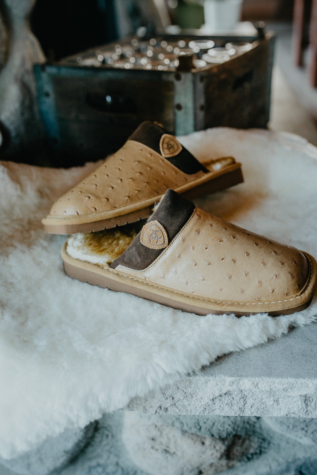 Men's Ariat Ostrich Tan Slippers (Sizes 8-13)