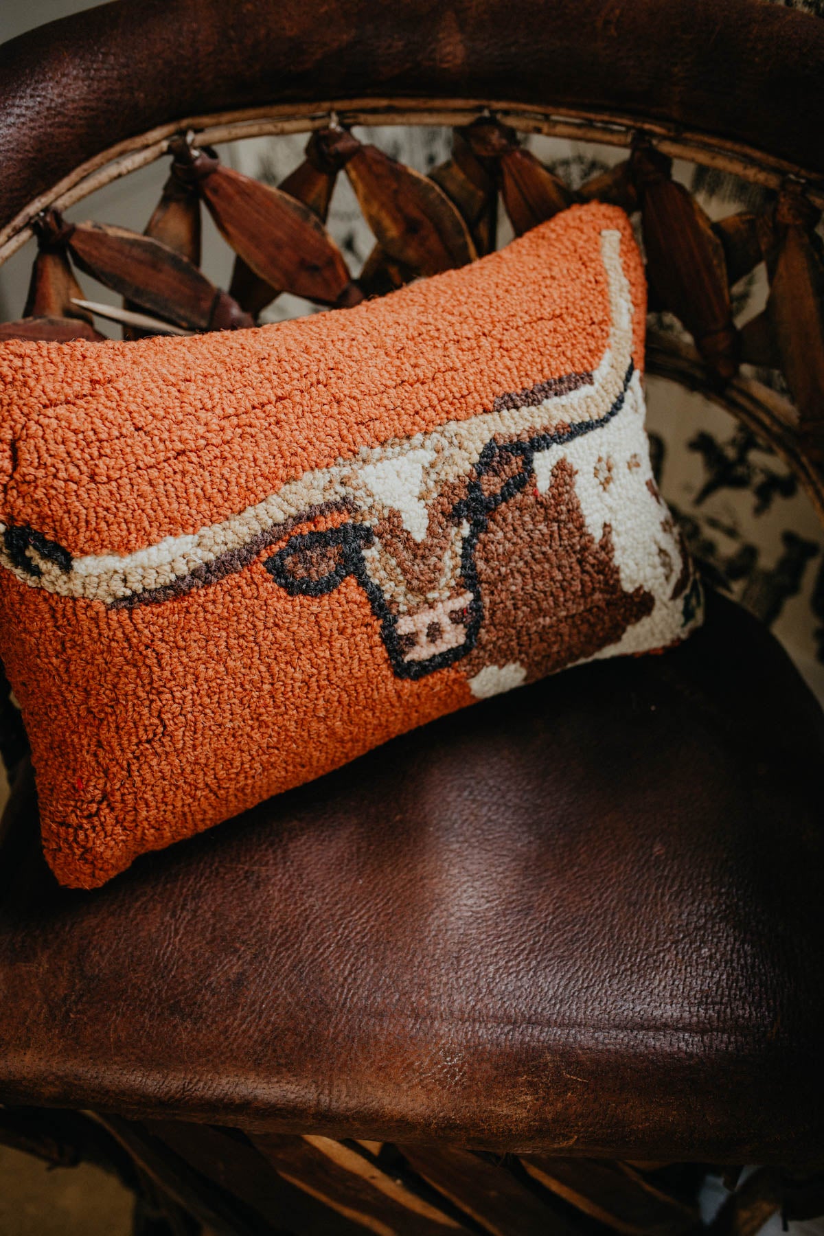 "Longhorn" 12 X 18" Rug Hooked Medium Rust Accent Pillow