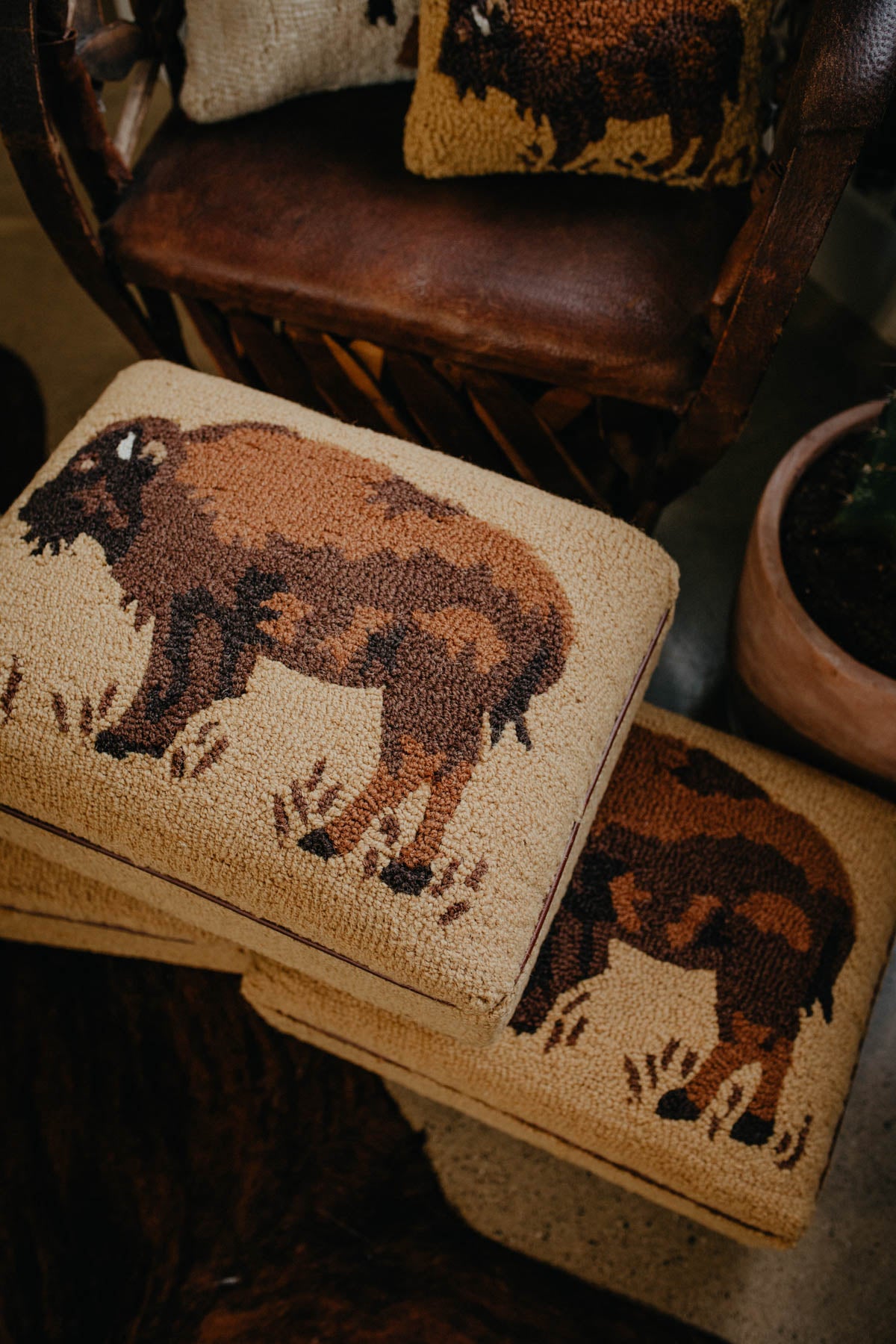 Decorative Rug Hooked Buffalo Foot Stool (18X14")