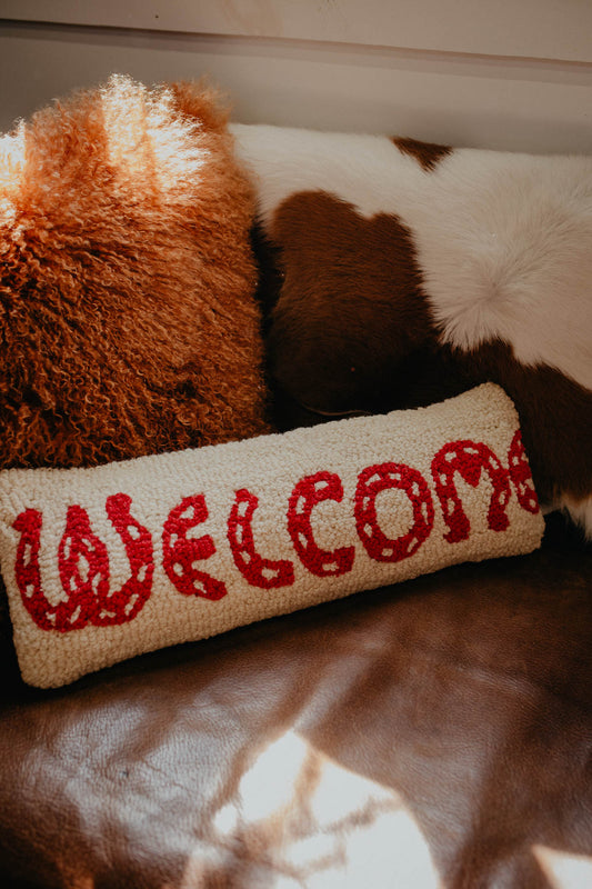 "Welcome" Horseshoe 8 X 24" Rug Hooked Lumbar Red Accent Pillow