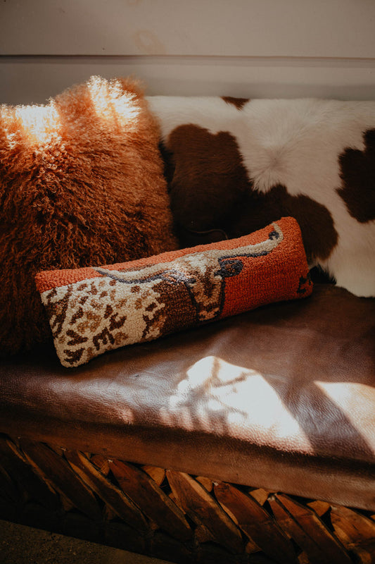 "Longhorn" 8 X 24" Rug Hooked Rust Lumbar Accent Pillow