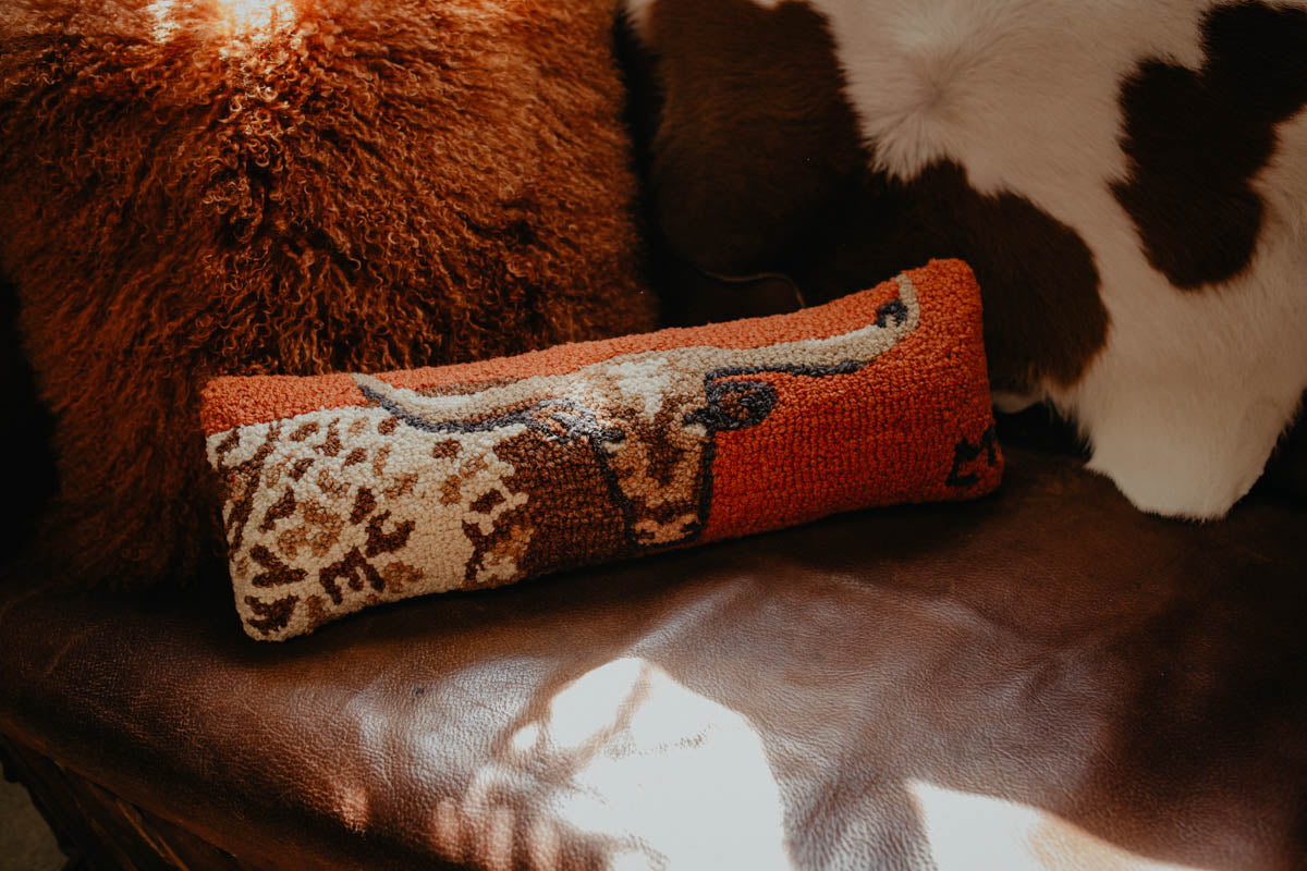 "Longhorn" 8 X 24" Rug Hooked Rust Lumbar Accent Pillow