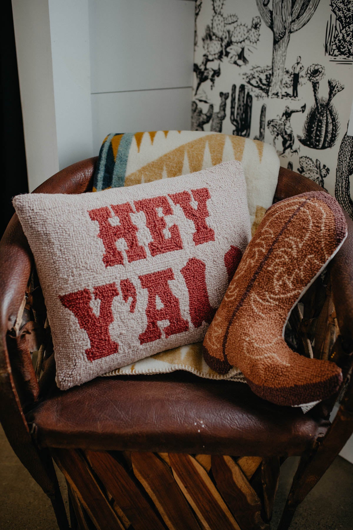 Brown Cowboy Boot Rug Hooked Accent Pillow