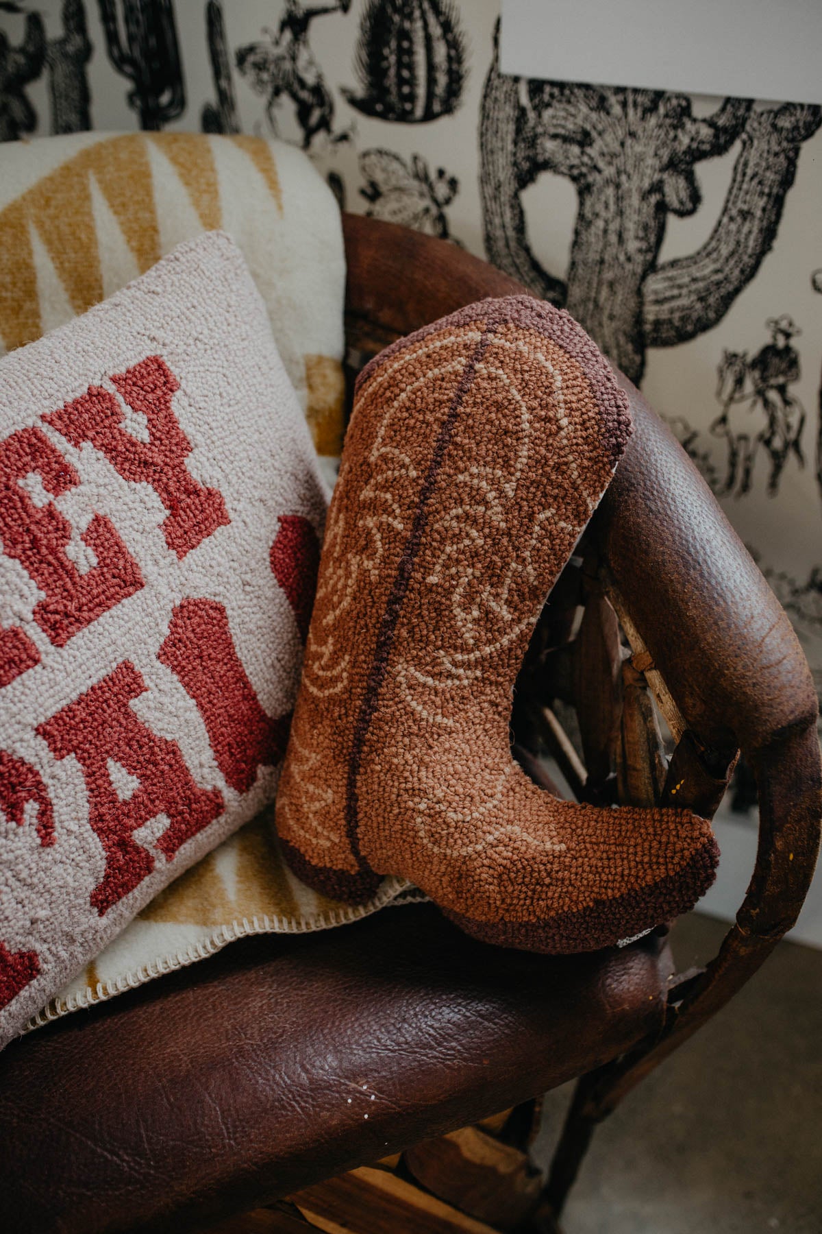 Brown Cowboy Boot Rug Hooked Accent Pillow