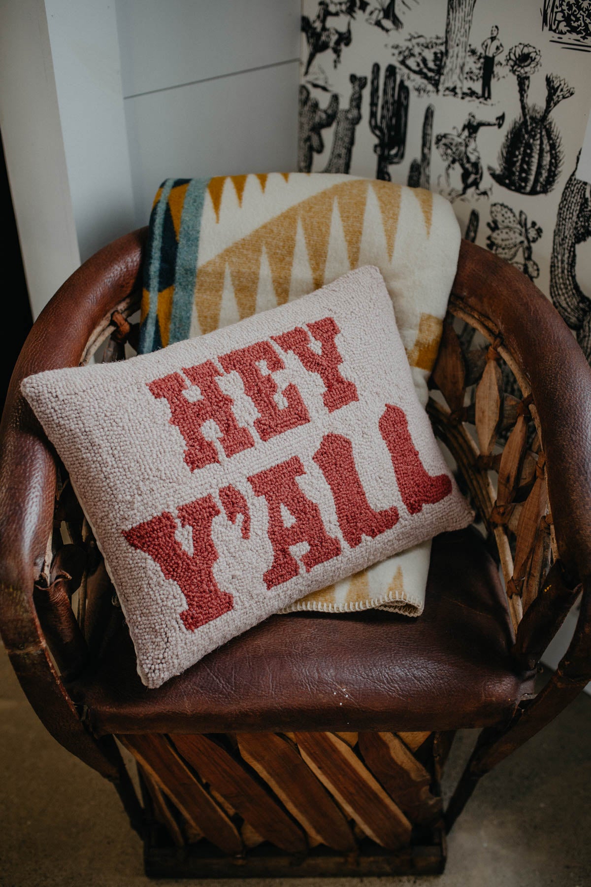 Hey Y'all Rug Hooked Accent Pillow