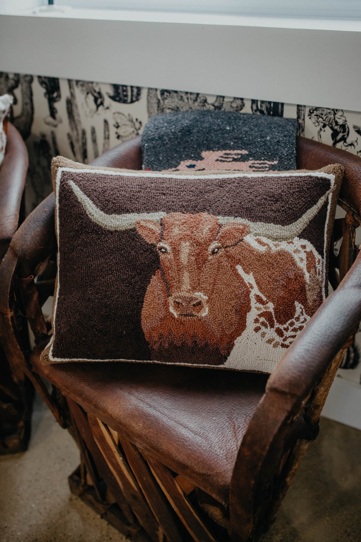 "Longhorn' Rug Hooked Large Accent Pillow