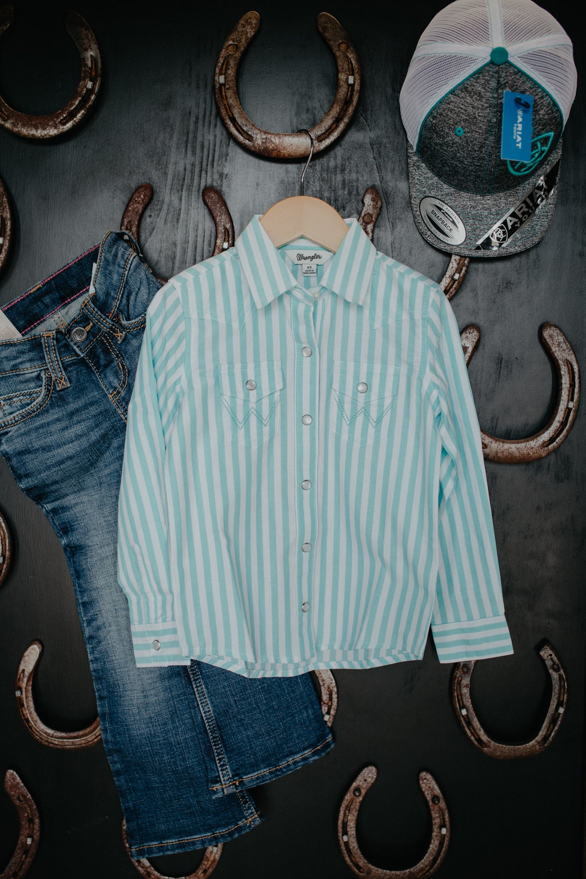 Girls Wrangler Long Sleeve Teal Pinstripe Pearl Snap Shirt